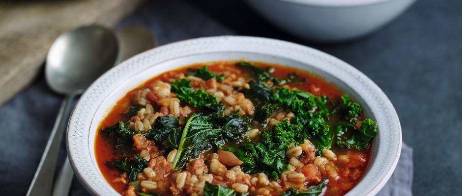 Kale, spelt and chorizo big soup
