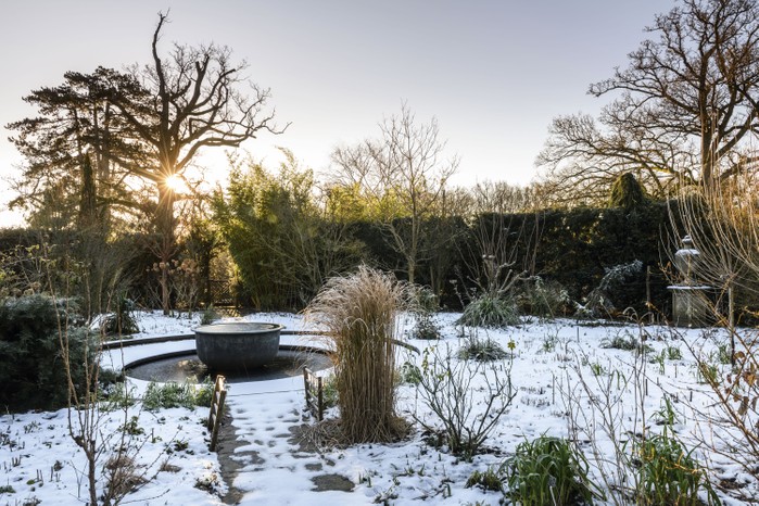 Another new room, the Cool Garden is surrounded by a protective wall of tall yew hedging and has deep mixed borders that include the excellent winter grass Miscanthus sinensis ‘Morning Light’. The design is asymmetrical but the planting and the large, central copper bowl take the edge off the layout.