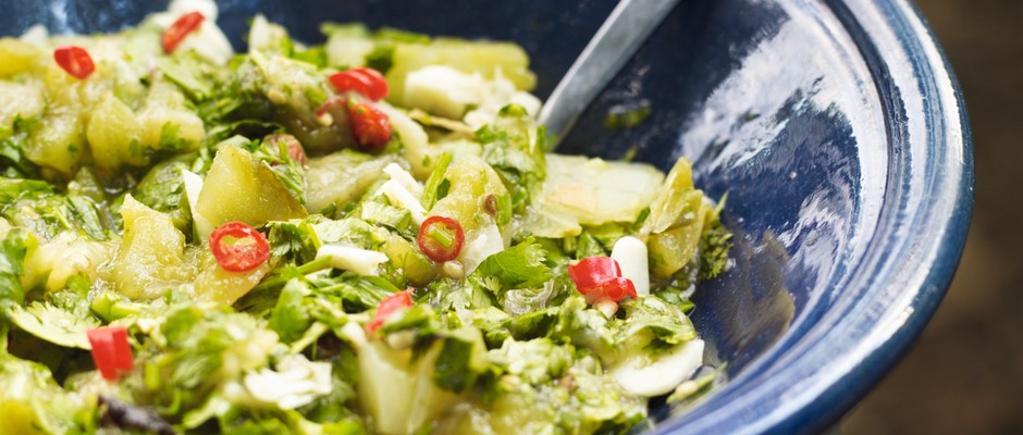 A recipe for relish using green tomatoes, aubergine and fresh chilli