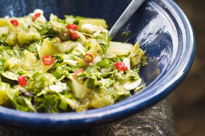 A recipe for relish using green tomatoes, aubergine and fresh chilli