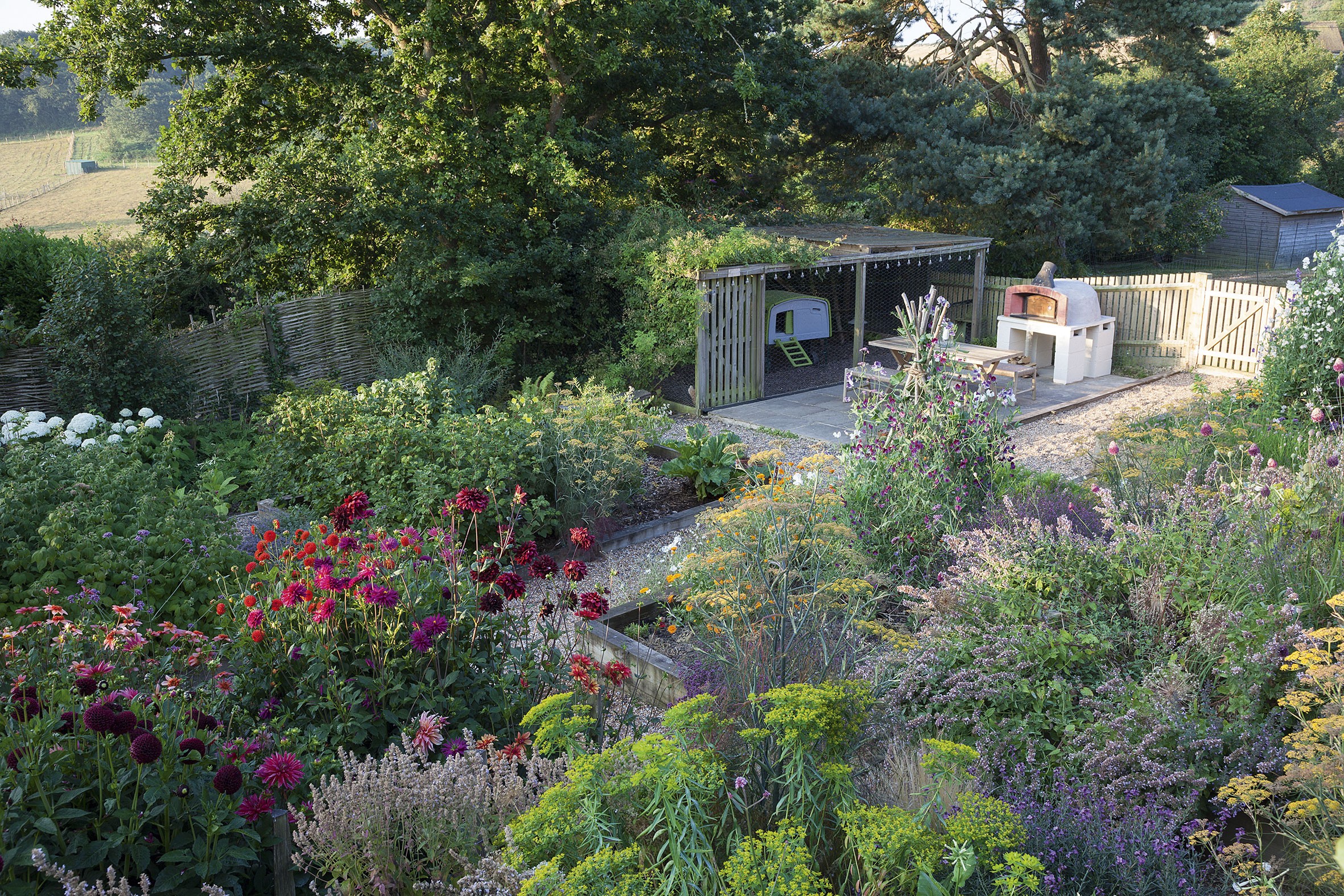 The view down the terraced garden to the vegetable beds, chicken run and barbecue terrace. Richly hued flowers in the dahlia patch contrast with the acid-green of Euphorbia ceratocarpa in the foreground