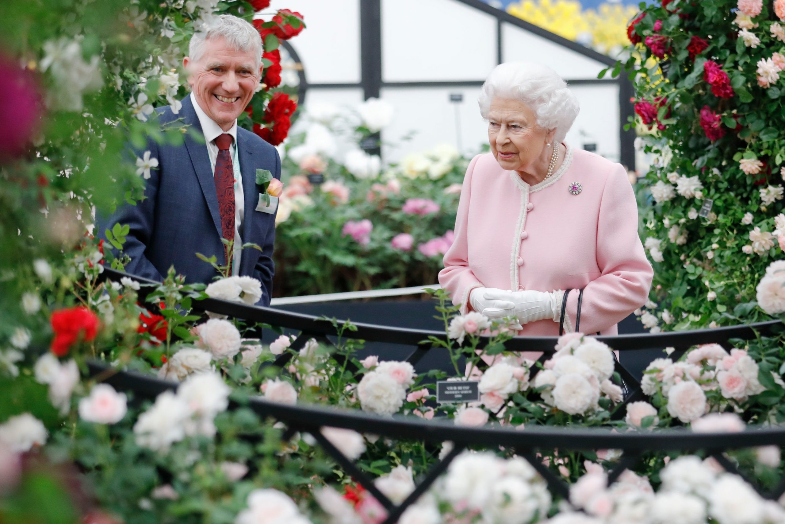 2018: Queen Elizabeth speaks with Ian Limmer on the Peter Beales Roases exhibition as she attends the RHS Chelsea Flower Show