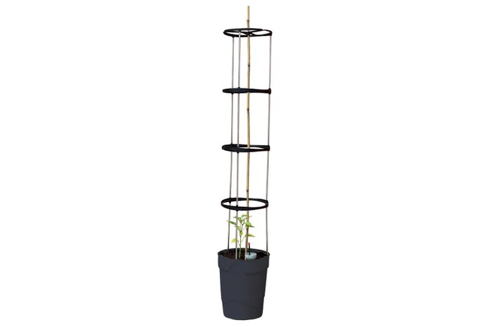 Recycled self watering grow pot tower on a white background