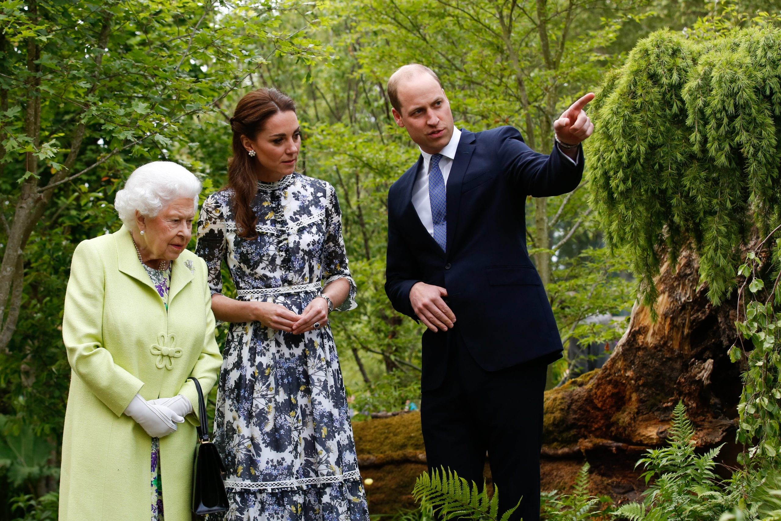 2019: Queen Elizabeth and William, the Duke of Cambridge are given a tour by Catherine, the Duchess of Cambridge, of her RHS Back to Nature Garden, which she designed with landscape architects Andree Davies and Adam White of Davies White Landscape Architects at the RHS Chelsea Flower Show