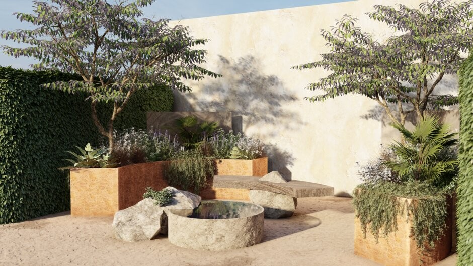 A Mediterranean Reflection, Container Garden, designed by Tanya Wilson and Johanna Norlin at RHS Chelsea Flower 2022.