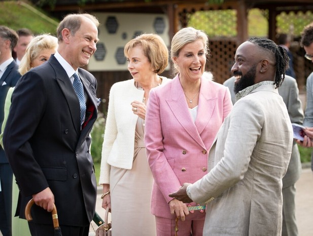 Britain's Prince Edward and Sophie, Countess of Wessex chat with garden designer Jason Williams at the Cirrus Garden during a visit to the RHS Chelsea Flower Show 2022