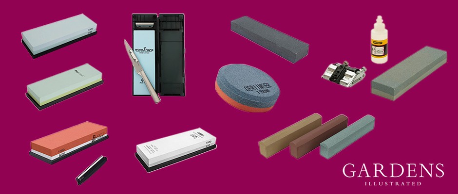 Selection of tool sharpening whetstones on a pink background
