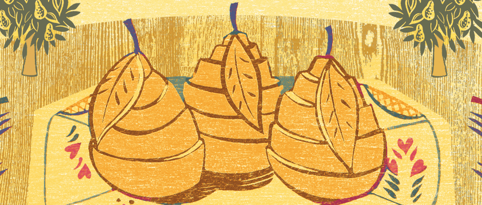 An illustration of pears, wrapped in pastry
